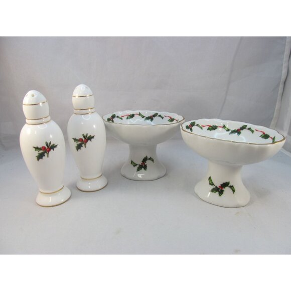Lefton China Holly Salt Pepper Shakers and 2 Pedestal Candy Nut Dish Set - Picture 4 of 11